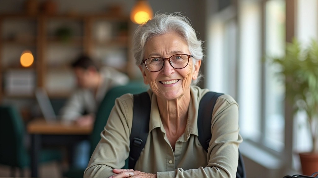Senior kobieta w wieku 70 lat, instruktorka podróży, portret z góry piersi, uśmiechnięta, biuro turystyczne, naturalne światło